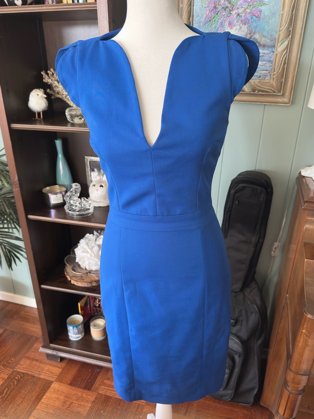 French Connection Lolo Stretch Cobalt Blue Deep V Midi Dress